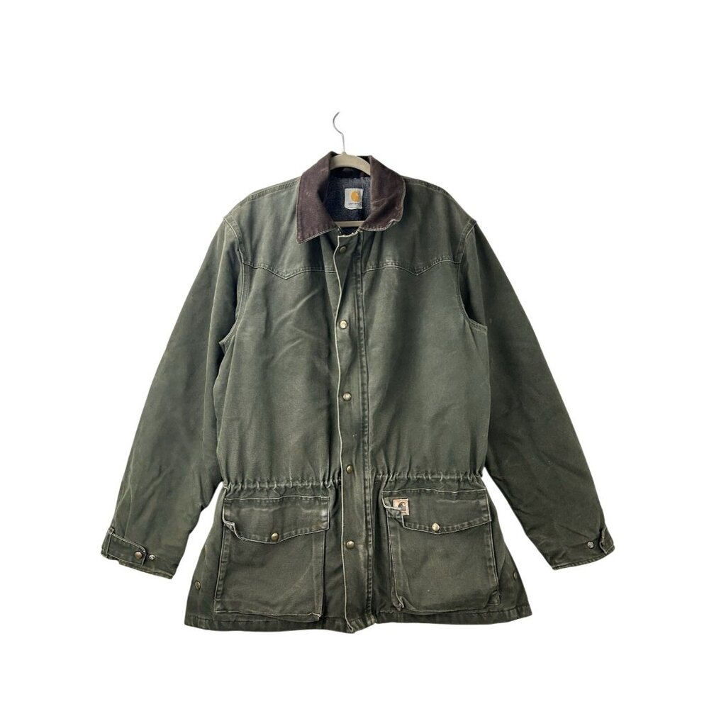 VTG Carhartt Jacket Mens XL C52 MOS Green Mid Length Chore Coat Blanket Lined